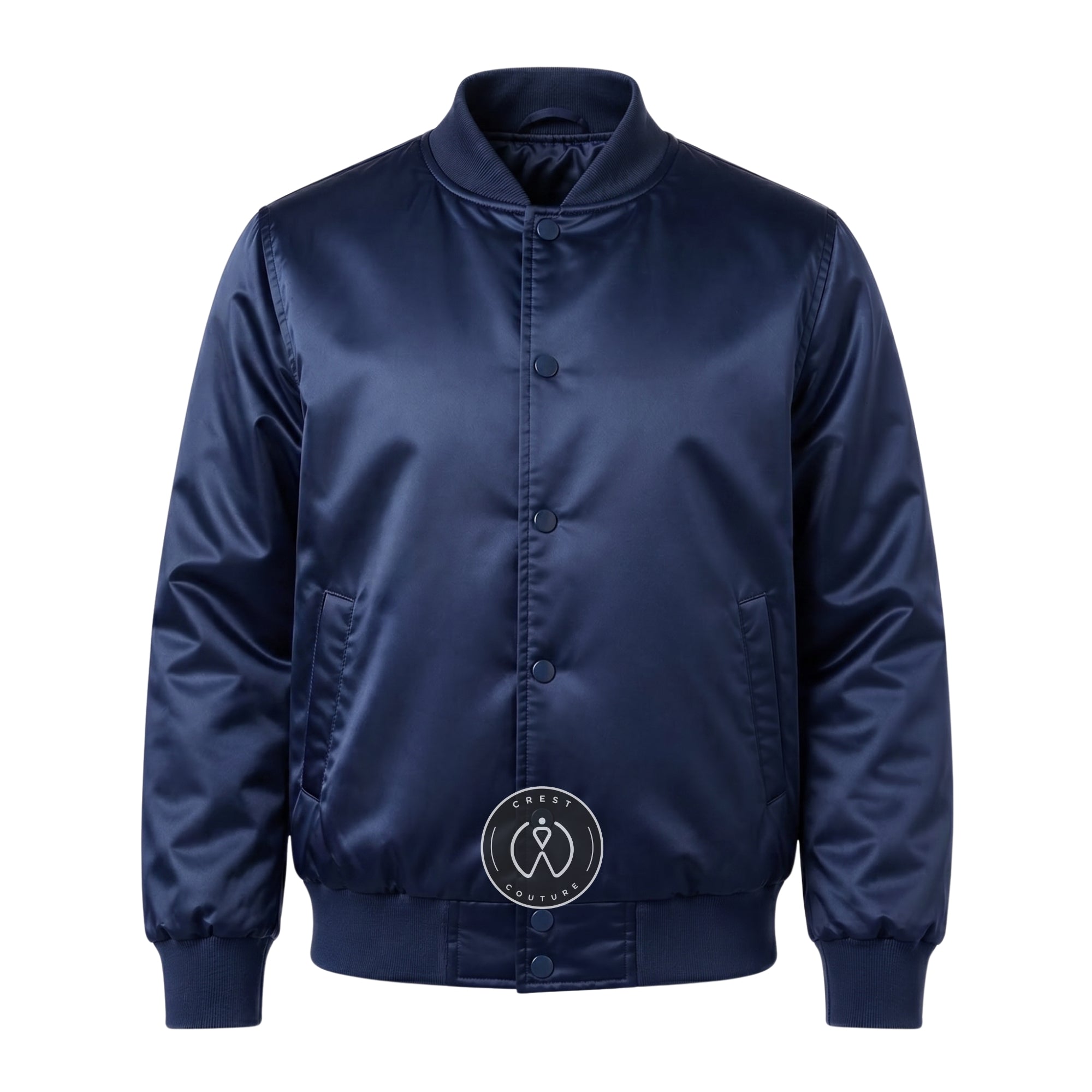 Navy Blue Satin Varsity Jacket – Custom Letterman Jacket, Unisex Streetwear Bomber
