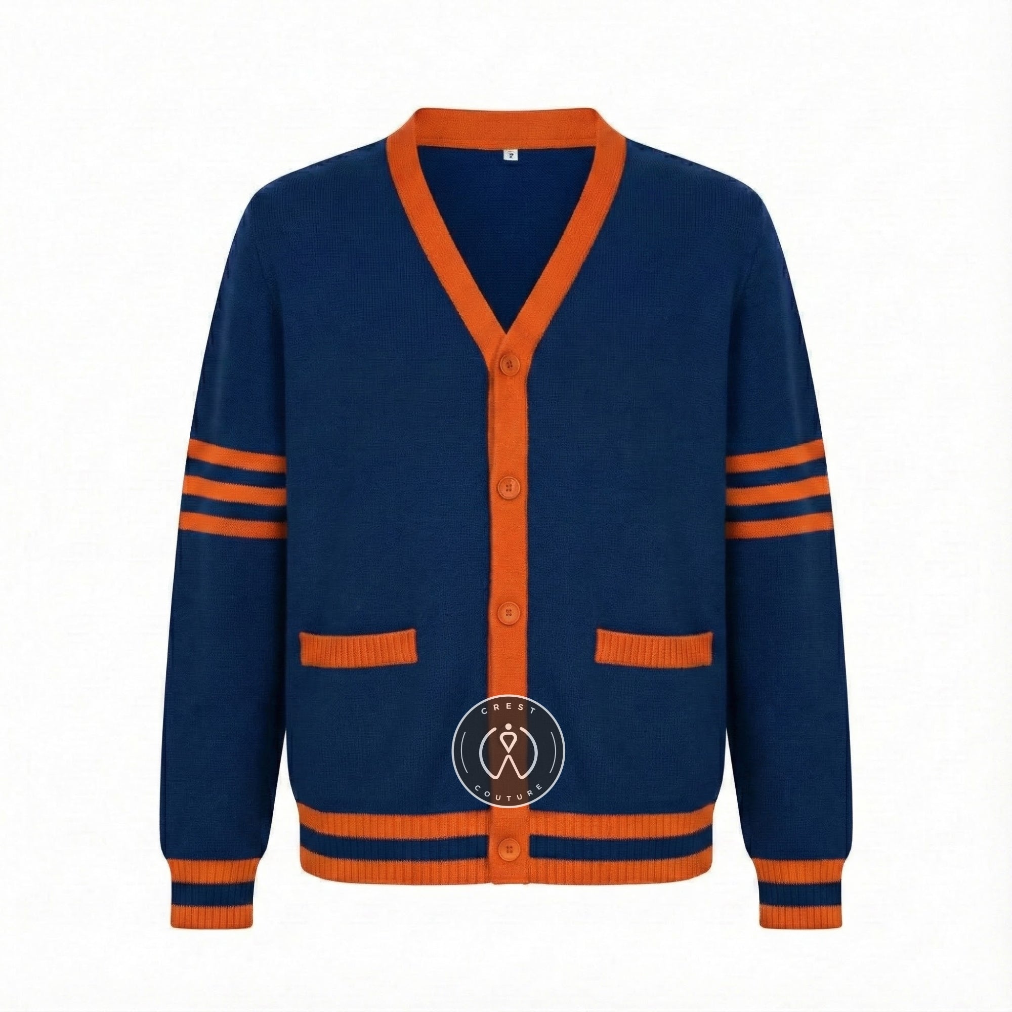 Unisex Varsity Knit Sweater – Navy Blue & Orange | Classic Letterman-Style Cardigan