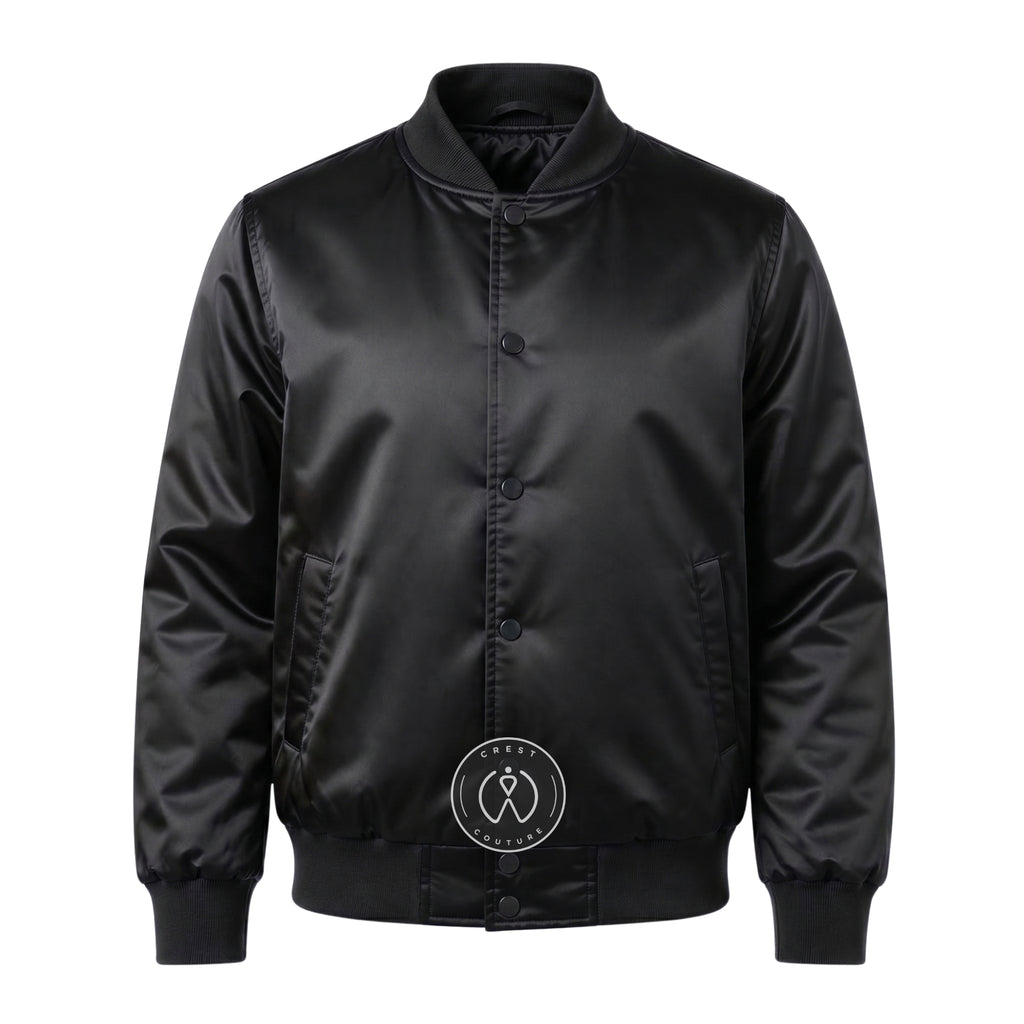 Black Satin Varsity Jacket – Custom Letterman Jacket, Unisex Streetwear Bomber