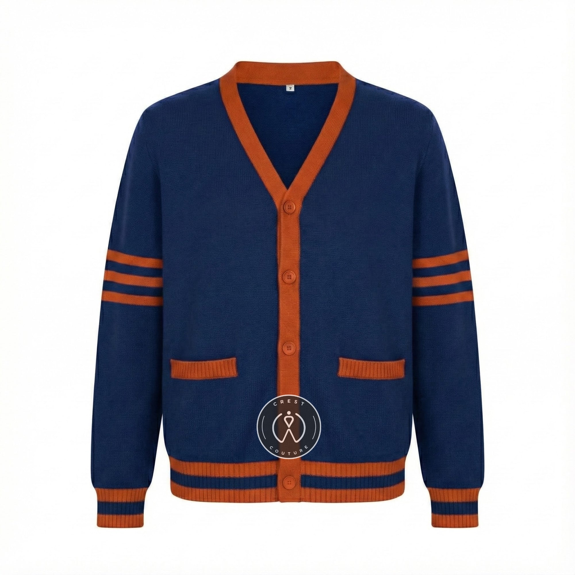Unisex Varsity Knit Sweater – Navy Blue & Burnt Orange | Classic Letterman-Style Cardigan