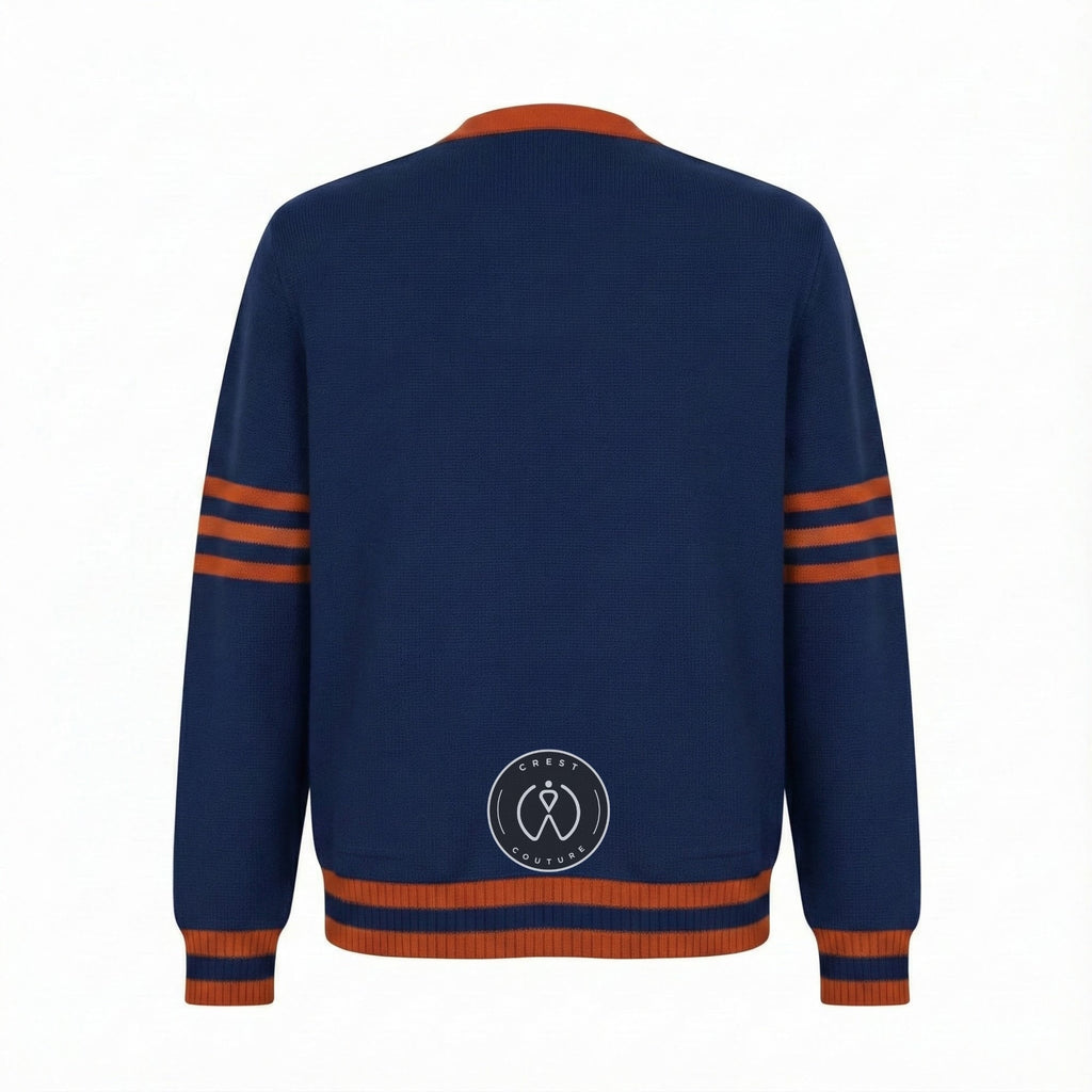 Unisex Varsity Knit Sweater – Navy Blue & Burnt Orange | Classic Letterman-Style Cardigan