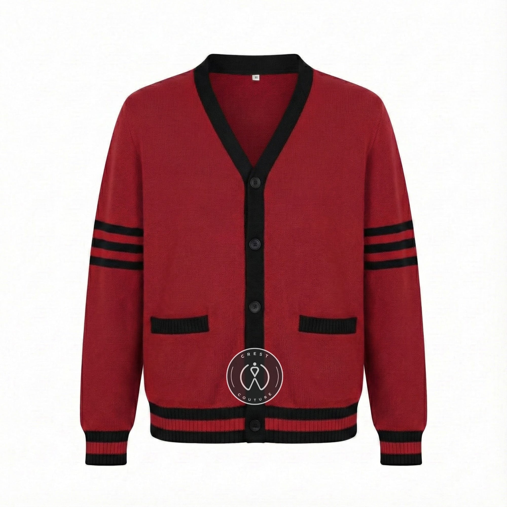 Unisex Varsity Knit Sweater – Scarlet Red & Black | Classic Letterman-Style Cardigan