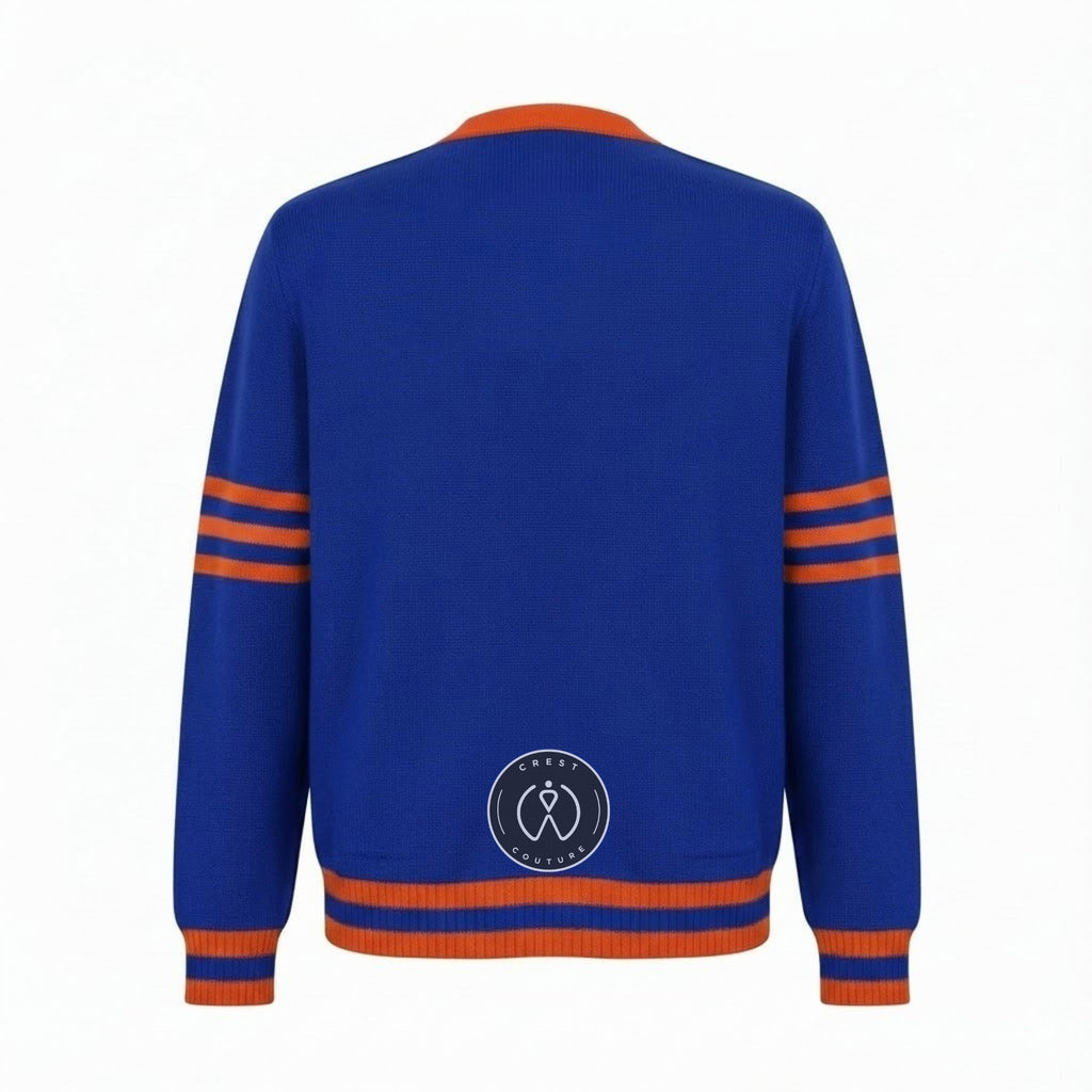 Unisex Varsity Knit Sweater – Royal Blue & Orange | Classic Letterman-Style Cardigan