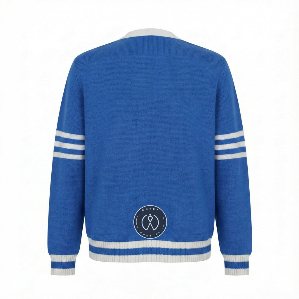 Unisex Varsity Knit Sweater – Columbia Blue & White | Classic Letterman-Style Cardigan